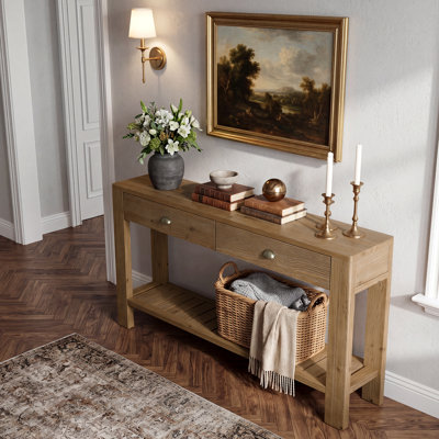 Console en bois massif de 55,1 po avec 2 tiroirs, canapé de style campagnard avec cadre latéral épais pour le couloir et le salon