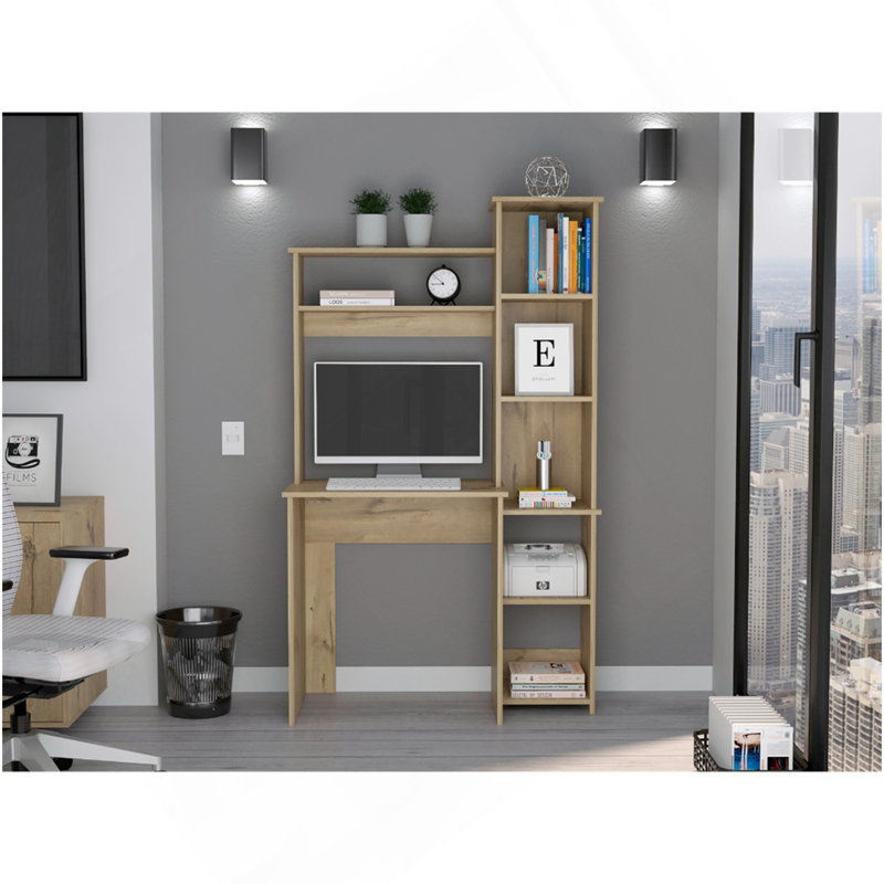 Desk, Five Shelves, Two Superior Shelves, Light Oak, Beige