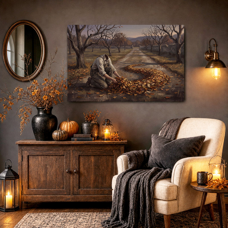 «Headless man Arranging Autumn Leaves», art mural sur toile, 12"H x 18"W
