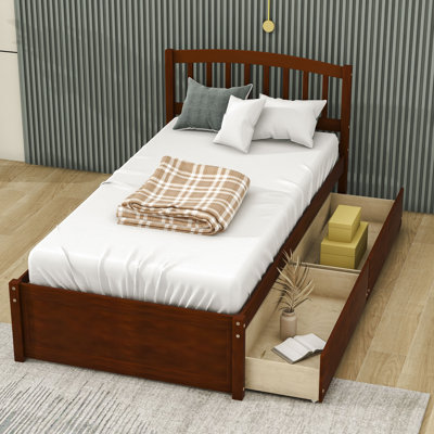 Lit plateforme simple en bois 2 tiroirs avec tête de lit Dishad