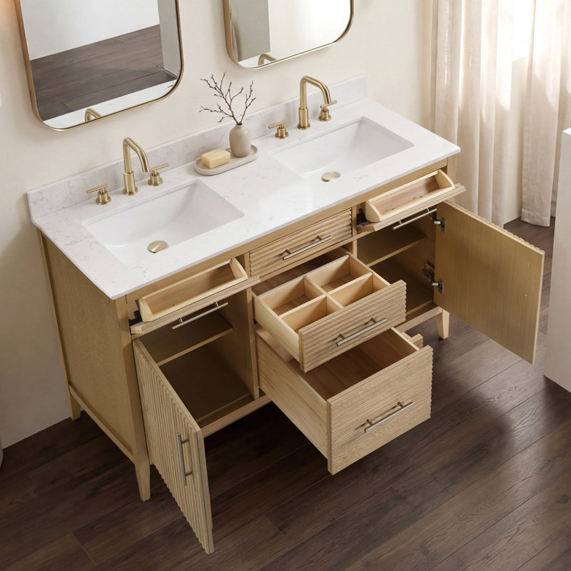  Felix 55" Fully Assembled Double Bathroom Vanity Set With Solid Surface White Granite Top and Backsplash
