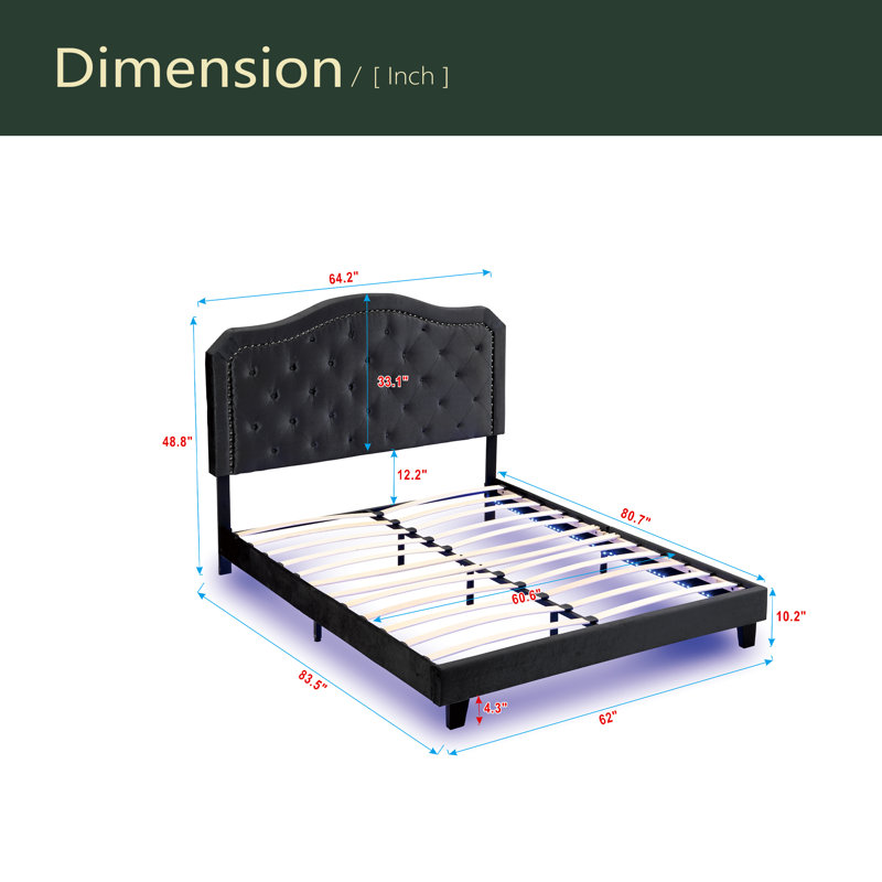 Bouton de lit rembourré capitonné avec un design incurvé - Support de lattes en bois robuste - Assemblage facile, Noir