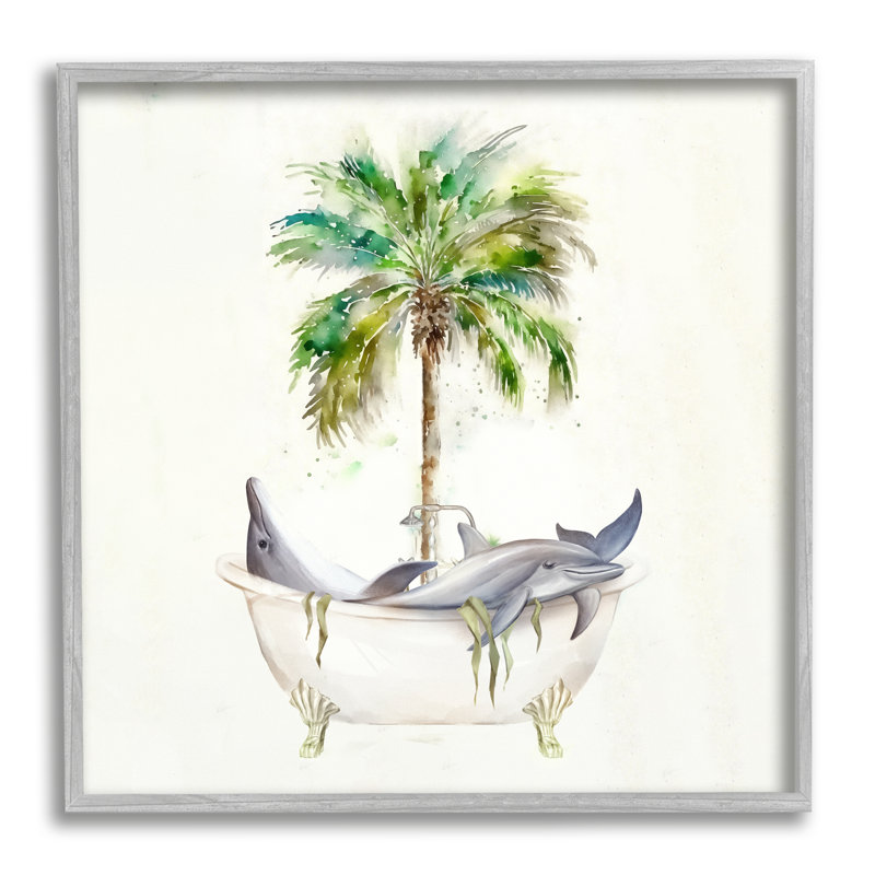 «Dolphins In Bath Tub Palm Tree» par Ziwei Li, impression, H 12 po x l 12 po x P 1,5 po, Estampe numérique Farmhouse