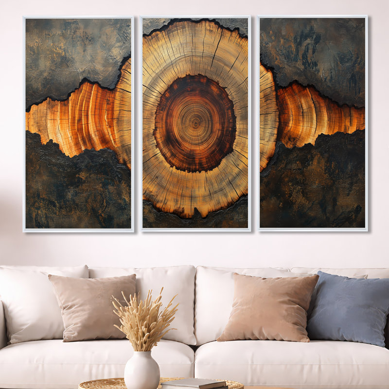 «Wood Slide Overhead», art mural encadré abstrait à 3 panneaux, H 40 po x l 60 po, Cadre flottant blanc