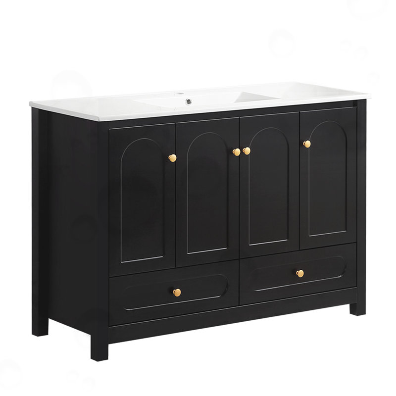 Ensemble de meuble-lavabo en céramique avec 4 portes à fermeture douce et 2 tiroirs, Noir