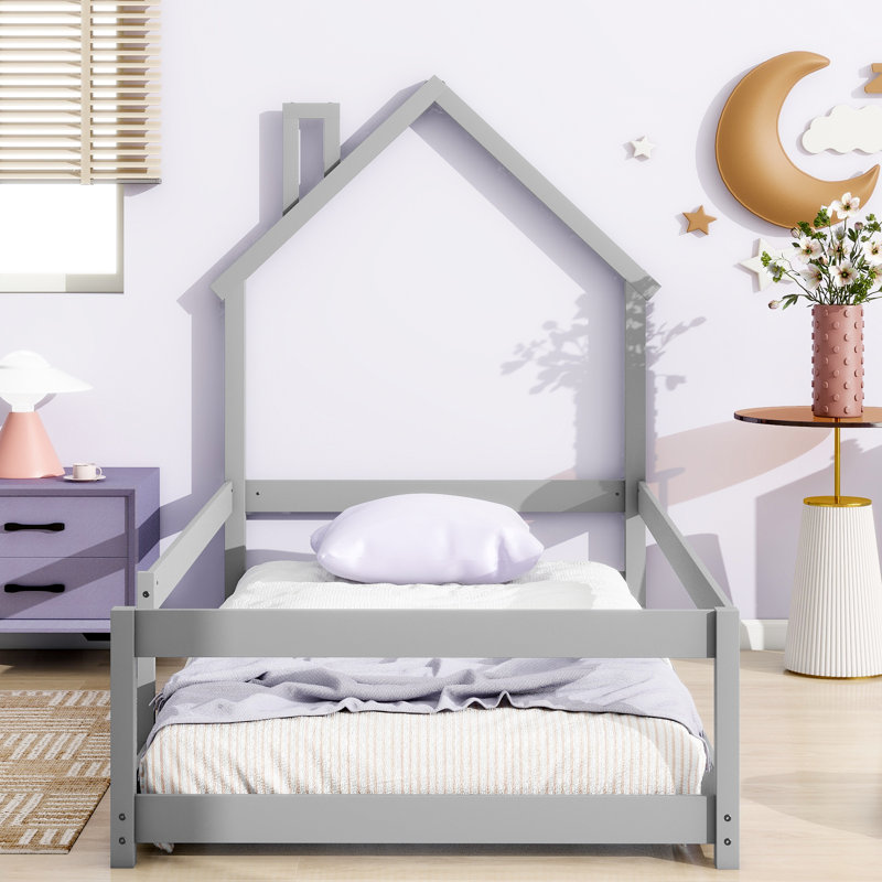 Lit de tête de lit simple gris avec clôture en bois, Gris