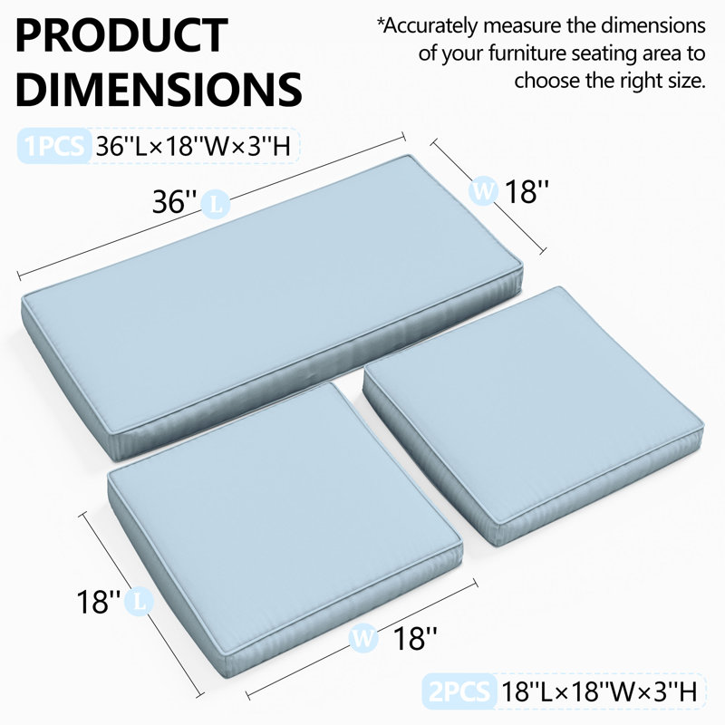 3-Piece Outdoor Seat Cushion Set, Pale Sky Blue