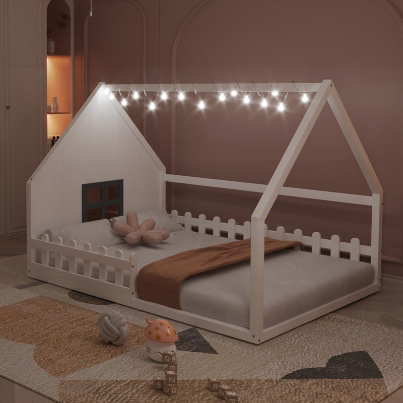 Full Size Wood House Bed with Window and Fence, No Box Spring Needed, Sturdy Construction (White), White