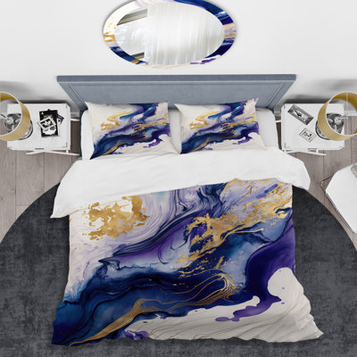 Blue And Gold Splash Paint IV - Modern Spiral Duvet Cover Set - Microfiber Polyester