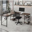 Bureau en L industriel avec tablette de rangement, couleur noyer