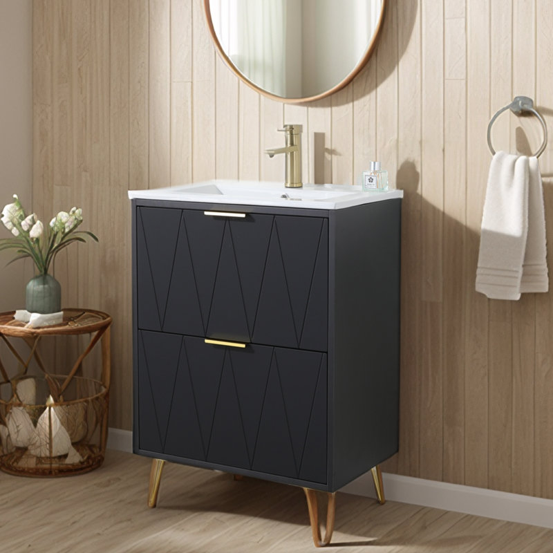 Meuble-lavabo simple 24 po à 2 tiroirs avec plateau en céramique 24 po