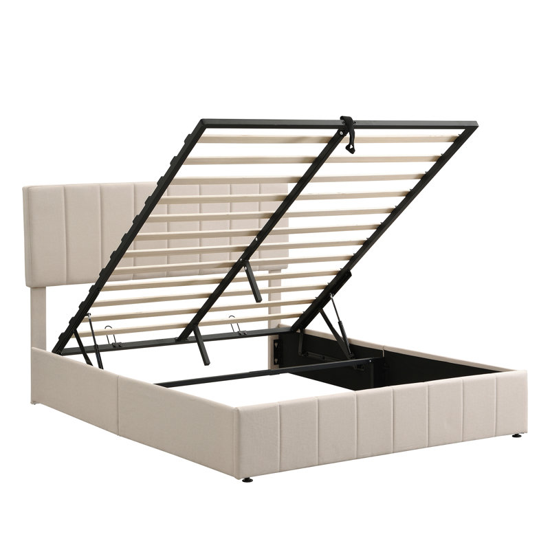 Grand lit plateforme tapissier avec système de rangement hydraulique, Beige, Grand lit