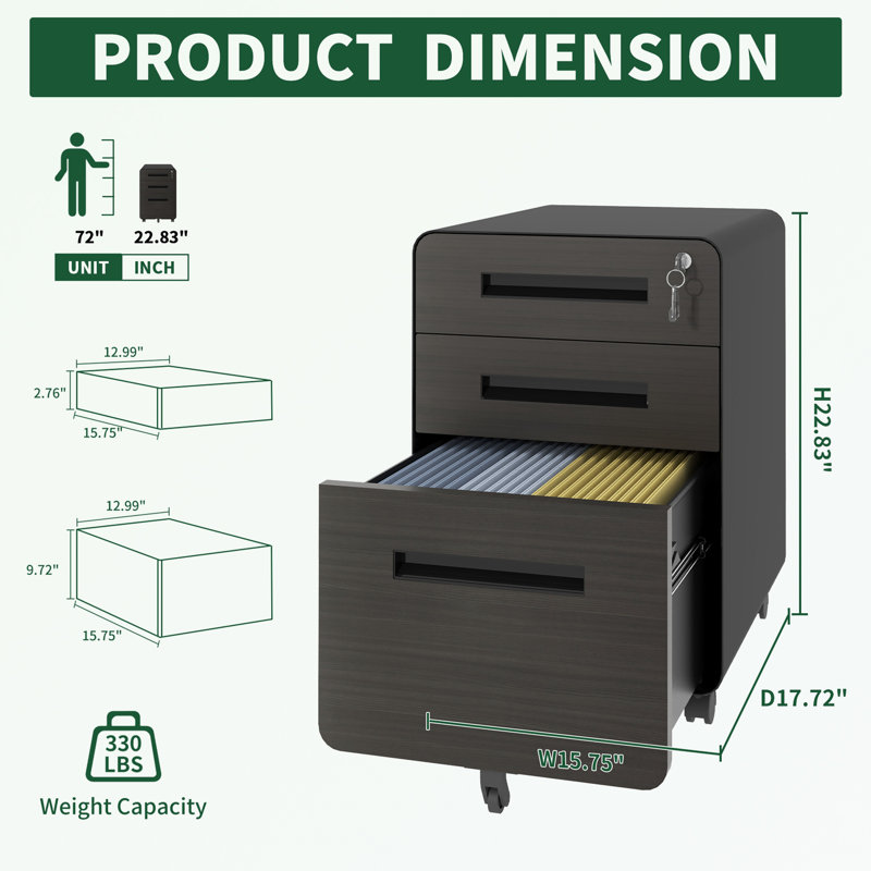 Armoire de rangement en métal avec 3 tiroirs, Noir