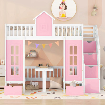 Twin-Over-Twin Bunk Bed With Changeable Table, Bunk Bed Turn Into Upper Bed And Down Desk