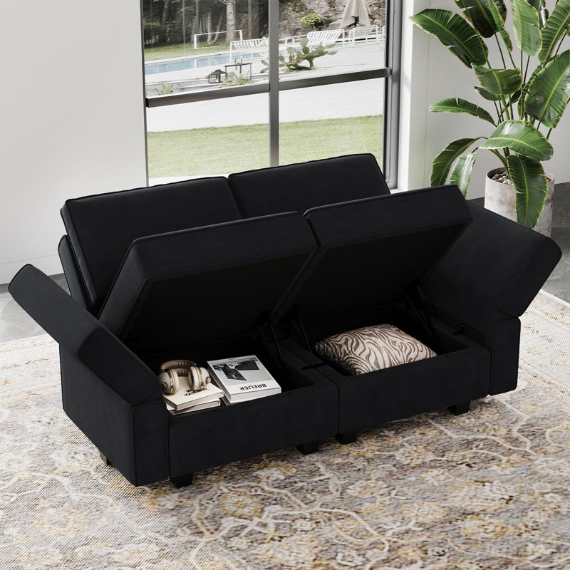 Nakash 3-Piece Symmetrical Modular Sectional Loveseat Upholstered Velvet Storage Apartment 2-Seat Sofa, Black