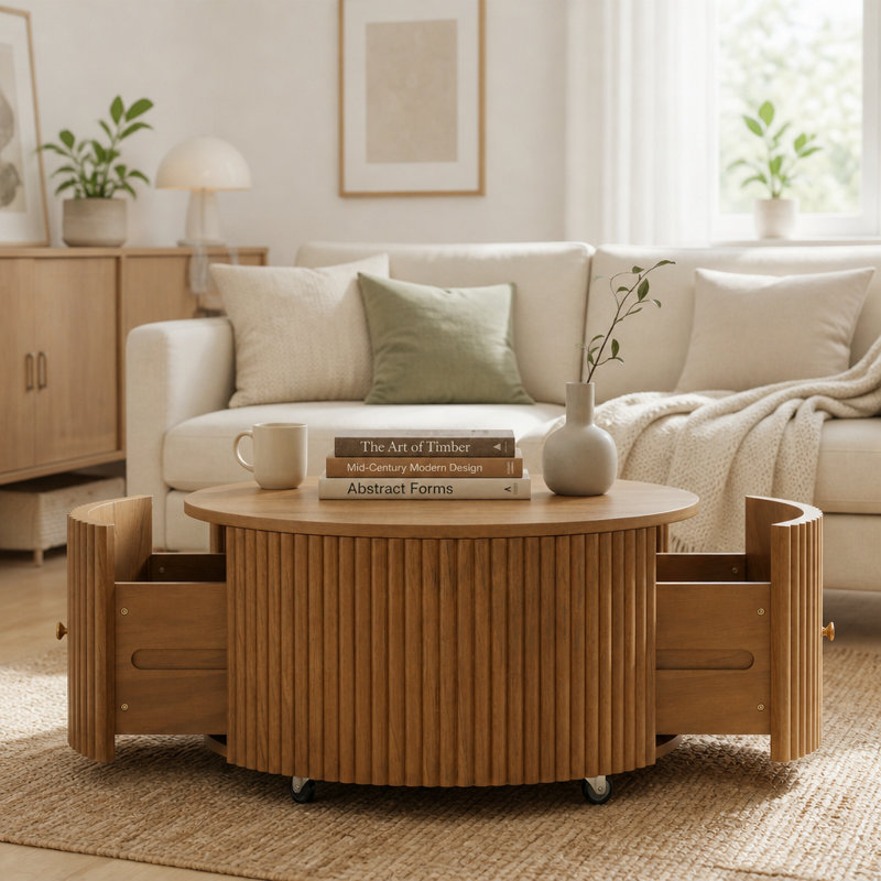 Table basse à tambour Mid-Century avec rangement caché et roulettes