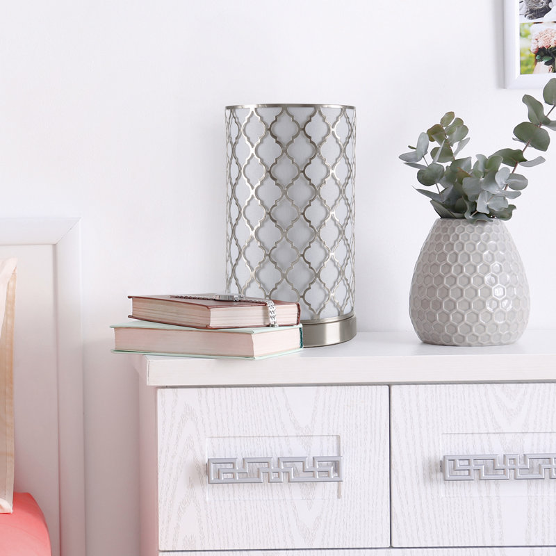 Alessandro Quatrefoil 11.5" Table Lamp with Steel Finish, Laser Cut Fabric Quatrefoil Pattern