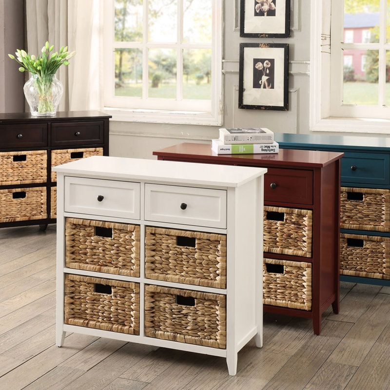 Console en bleu sarcelle: 6 rangements, façade panier, bois, élément de glissement en métal