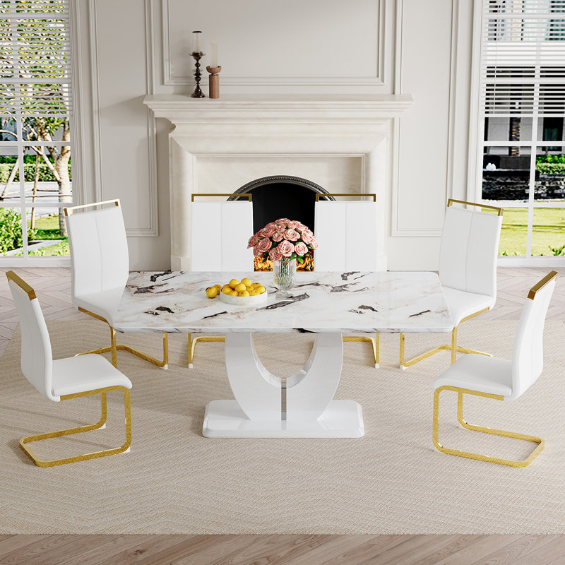 Ensemble de table de salle à manger, Blanc / doré, Dalishis, 7 pièces