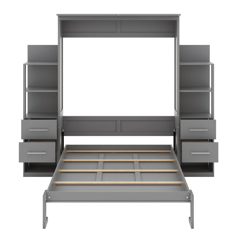 Lit escamotable double avec tablettes, tiroirs et DEL, Grey