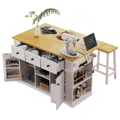 53Inch Large Kitchen Island With Drop Leaf, Power Outlet, Door Internal Storage Rack, Rolling Kitchen Cart On 5 Wheels With 5 Open Side Racks For Kitchen, Dining Room,White(Not Include Bar Stools)