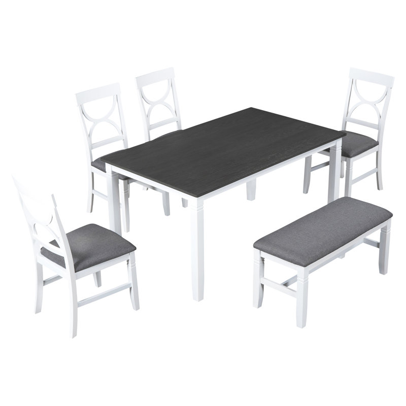 6 Dining , 4 Upholstered Chairs, Bench, And A 60x36-inch Table With Gray Top White Frame Design Wood