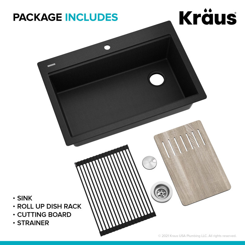 KRAUS Bellucci Workstation 33 in. Drop In Single Bowl Granite Kitchen Sink with Accessories, Metallic Black