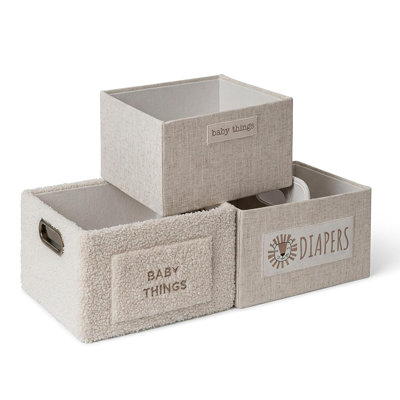 Bacs de rangement décoratifs - Ensemble de 3 paniers de rangement rectangulaires en carton gris pour chambre d'enfant ou d'enfant, lin texturé et boucle ivoire