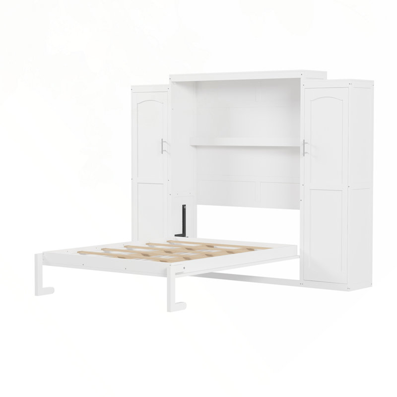 Murphy Bed With Solid Wood Frame, Murphy Bed Cabinet With 2 Wardrobes And Storage Shelves, Full, White