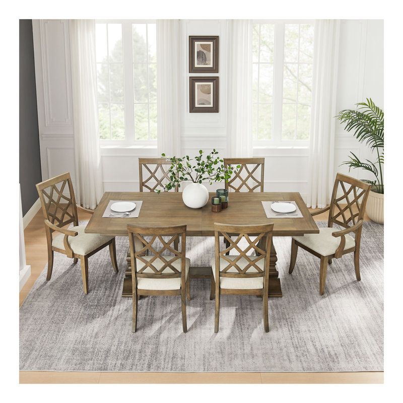 (1 table + 6 chaises) Ensemble de table de salle à manger extensible en bois de 102,07 pouces pour 6 personnes, table de salle à manger courbée, grande table de cuisine moderne et chaises de salle à manger rembourrées