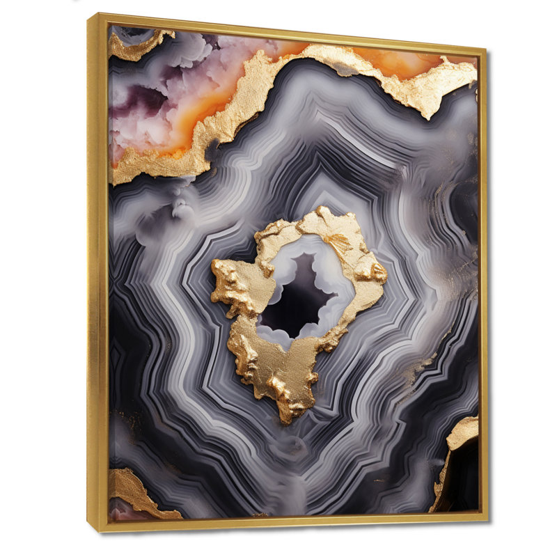 Décoration murale opulente agate glam or noir I, Cadre flottant doré, H 32 po x l 24 po