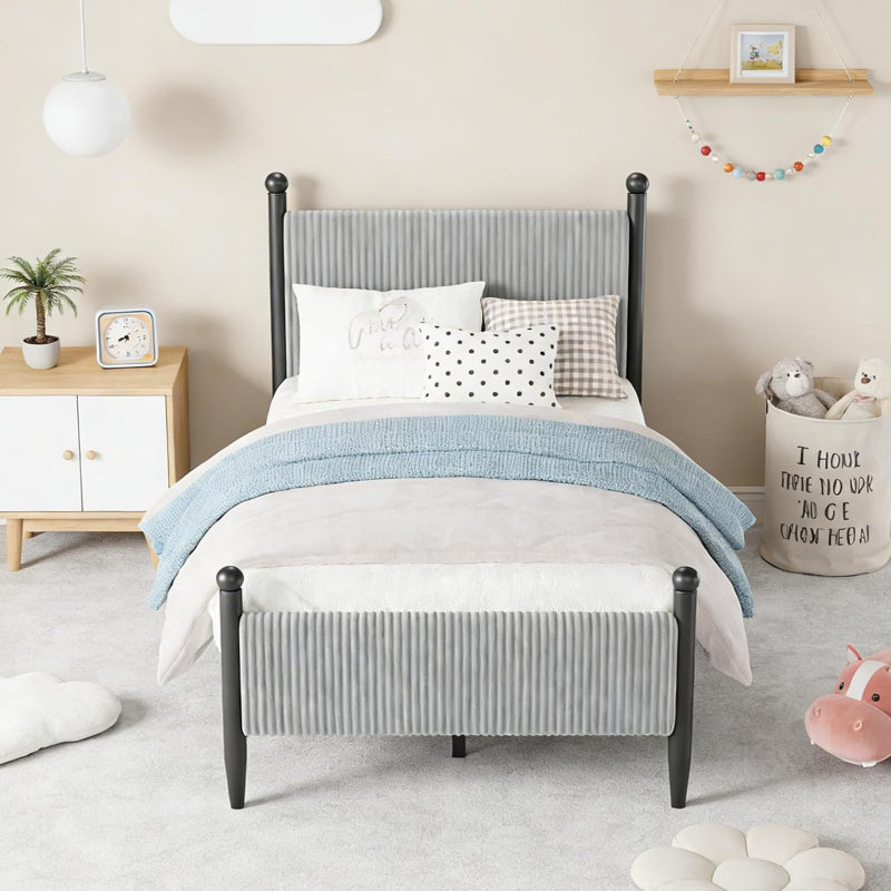 Twin Size Bed Frame with Vertical Stripes headboard/ Corduroy upholstered Bed upholstered Bed Frame with Vintage Metal Legs/ no Box Spring Needed Easy Assembly Grey