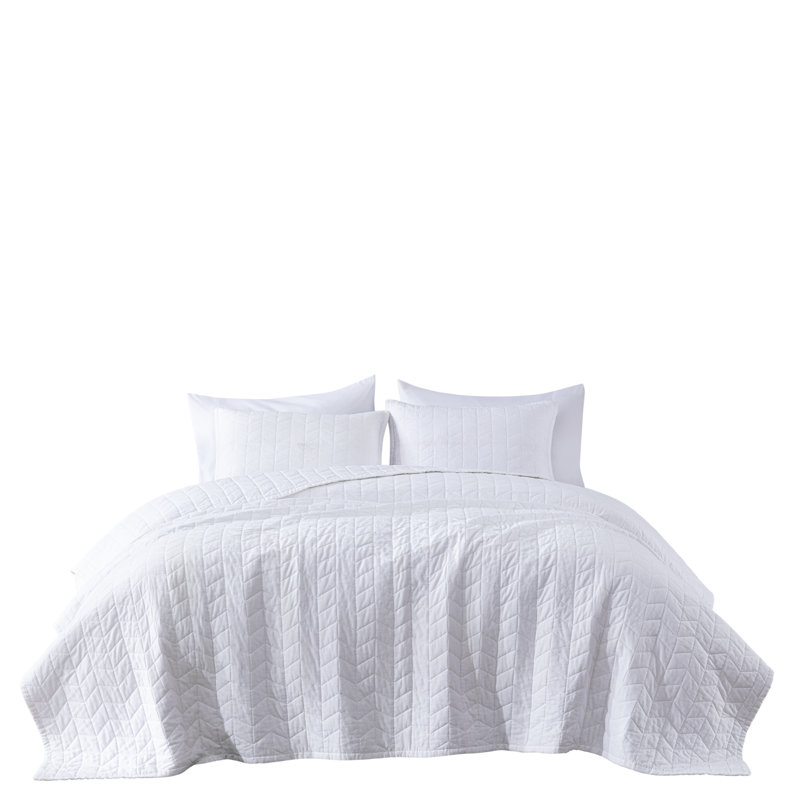 White Queen Cotton Reversible Quilt Set with Geometric Stitching