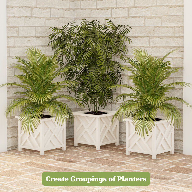 Calista 14.75" Lattice Design Planter Box - 13” Tall Square Decorative Outdoor Flower or Plant Pot, White