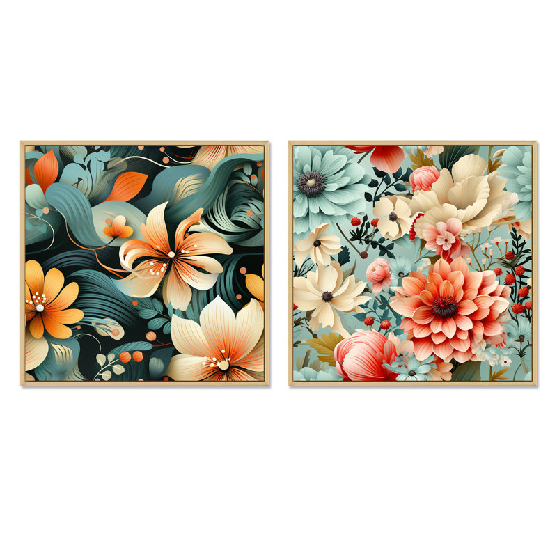 Maelia - Ensemble de 2 collages carrés floraux, Cadre flottant brun, H 30 po x l 61 po