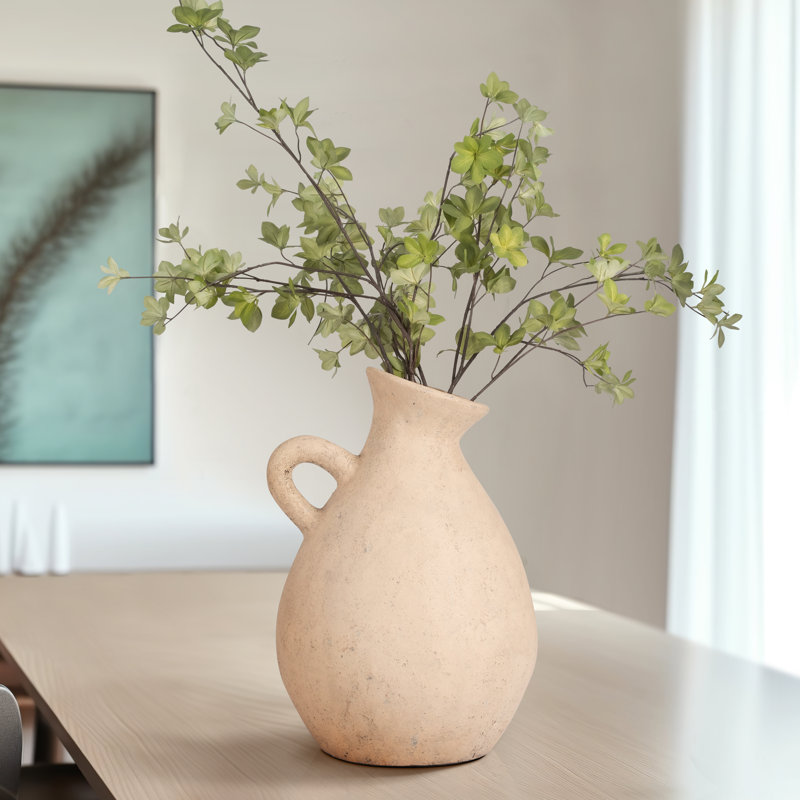 Terracotta, 19" Unique Jug With Handle, Round, Textured Ivory/Beige
