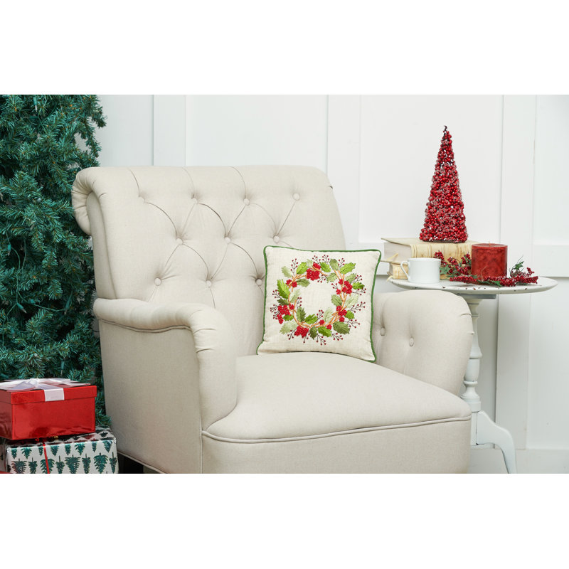 12" Square Red and Green Embroidered Linen Holiday Throw Pillow
