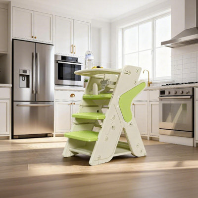 3-In-1 Convertible High Chair For Toddlers, Baby Feeding Chair To Step Stool With Safety Harness & Snack Tray, Green & White