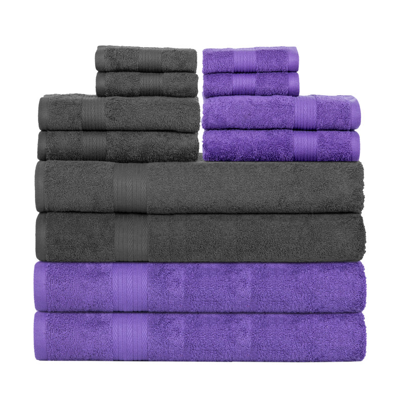 100% Cotton Bathroom Towel Set of 12 Absorbent Soft Plush Fast Drying, Gray/Purple