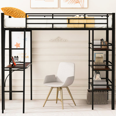 Lit mezzanine simple en métal avec bureau et tablettes ouvertes - Optimisation de l'espace