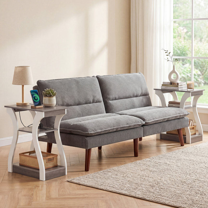 Table de chevet de 19,7 po de largeur avec station de charge et 2 tablettes de rangement, Gris blanc, 1