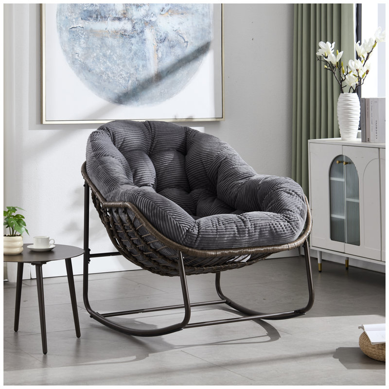 Chaise berçante d'extérieur en acier avec coussin et rotin - Gris