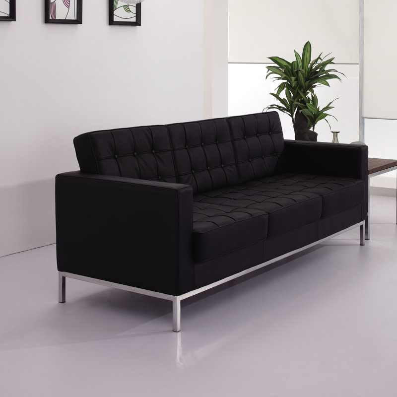 Amjed Contemporary Button Tufted LeatherSoft Sofa w/ Steel Frame, Black