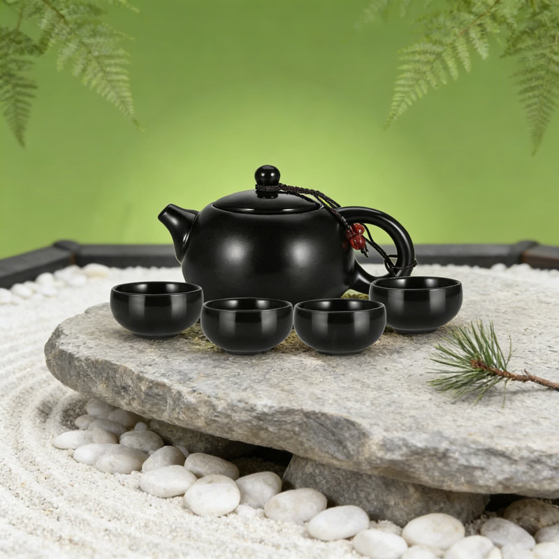Service à thé portable avec théière en céramique, 4 tasses, plateau en bambou et sac de voyage | Style traditionnel asiatique pour la maison, les voyages et les cadeaux