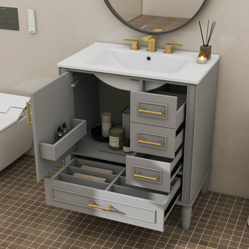 30 Inch Bathroom Vanity With Built-In Shelf, Deep Drawer, Standard Drawer And Long Divider Drawer, Grey