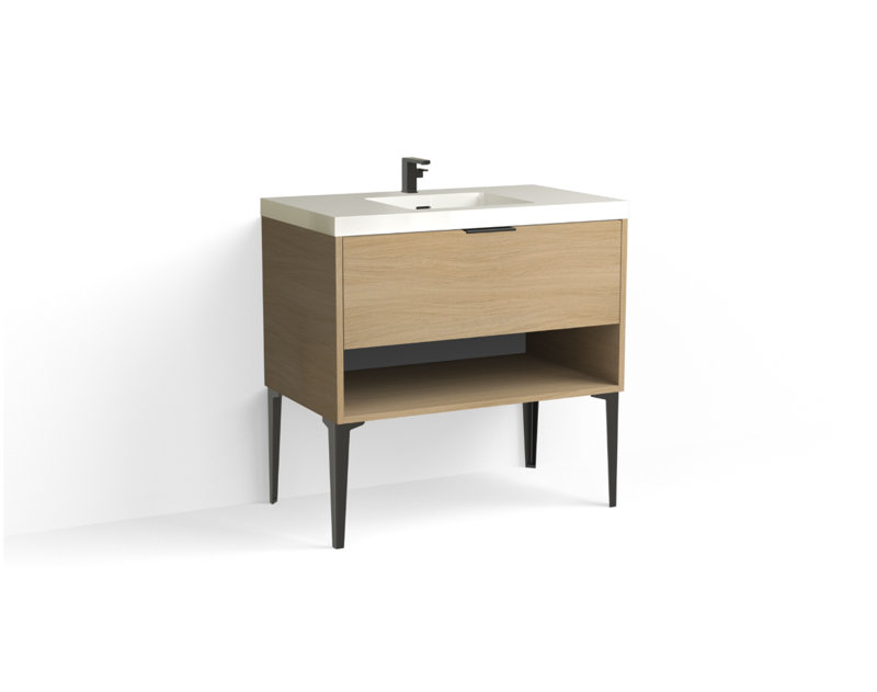 Modo 36" W Freestanding Single Bathroom Vanity with Dean Leg, Glossy White/Single, Biondo, Satin Nickel
