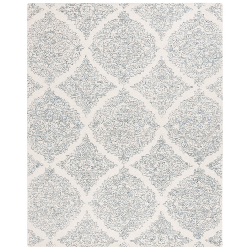 Ivory and Blue Wool Trellis Handmade Tufted Area Rug, 5' x 8'