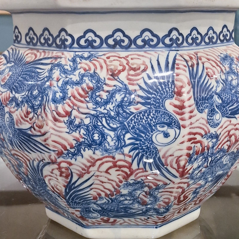 Blue and Red Floral Porcelain Planter