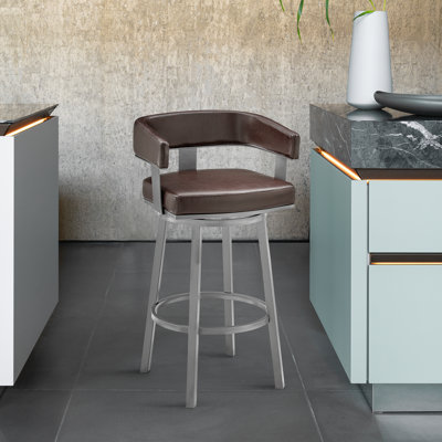 Kellum Swivel Counter and Bar Height Barstool with Arms in Faux Leather Upholstery and Metal Legs