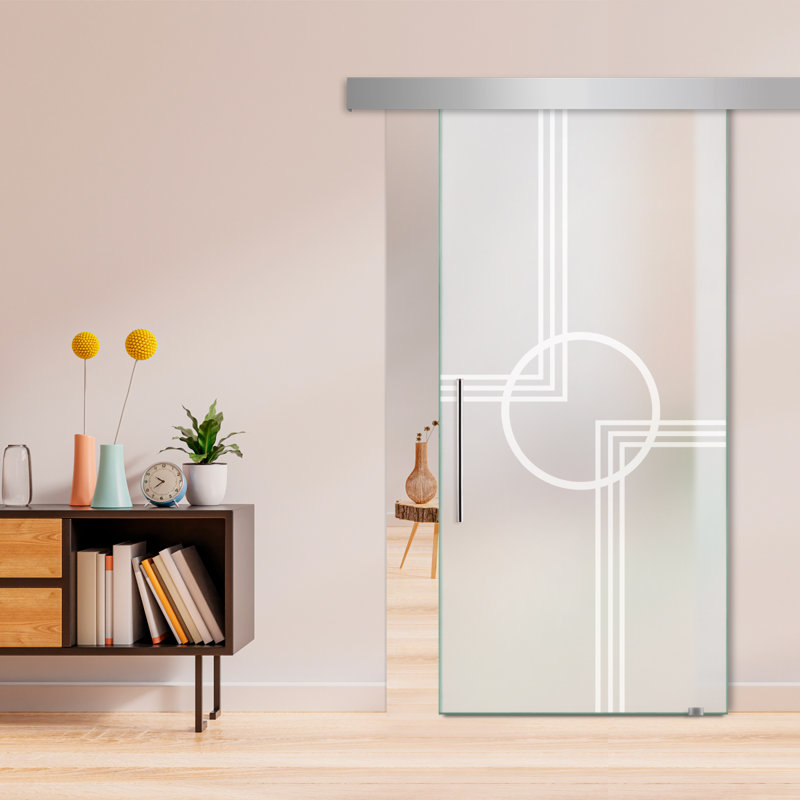 Porte de grange coulissante en verre sans cadre avec design moderne sablé + ensemble de quincaillerie (double-privée)
